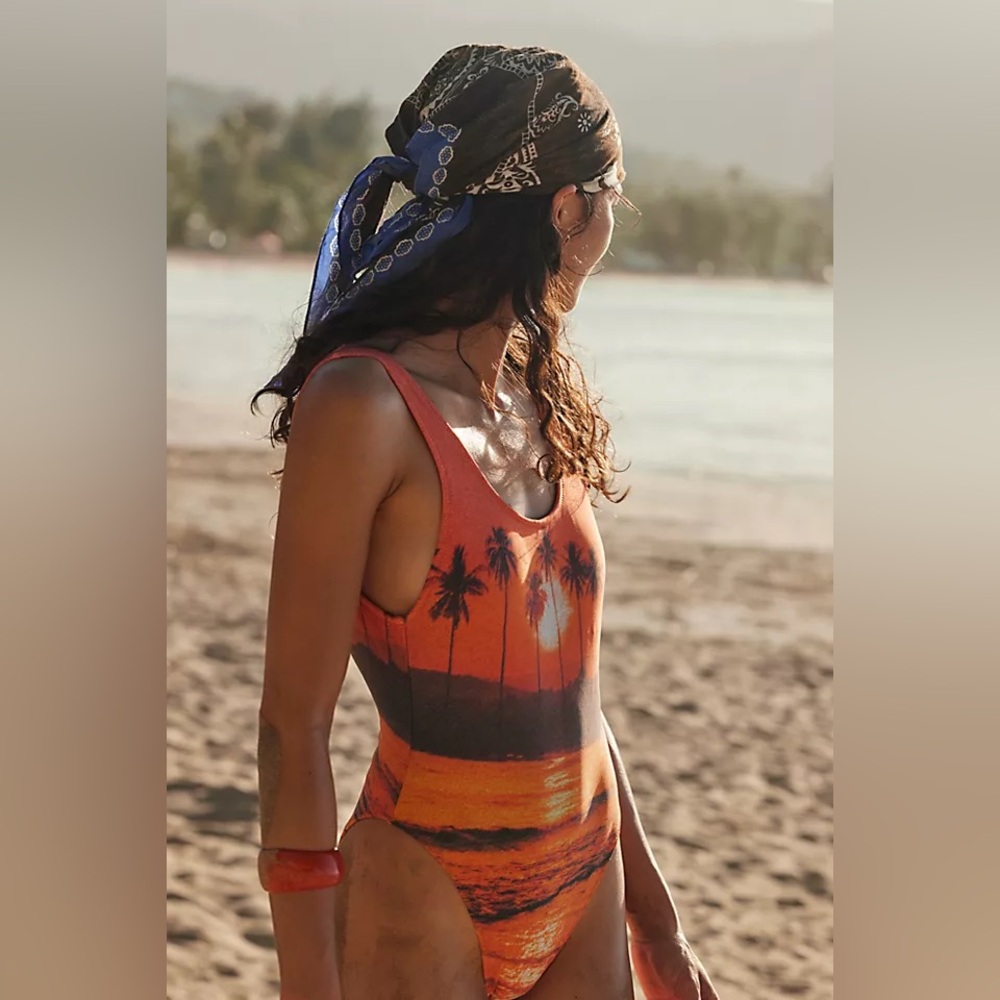 Free People It's Now Cool Showtime Tropical Beach Orange One-Piece Swimsuit NWT